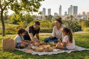 ארוחה משפחתית מסודרת בפארק במהלך יום טיול