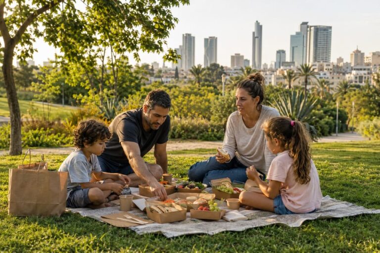 ארוחה משפחתית מסודרת בפארק במהלך יום טיול