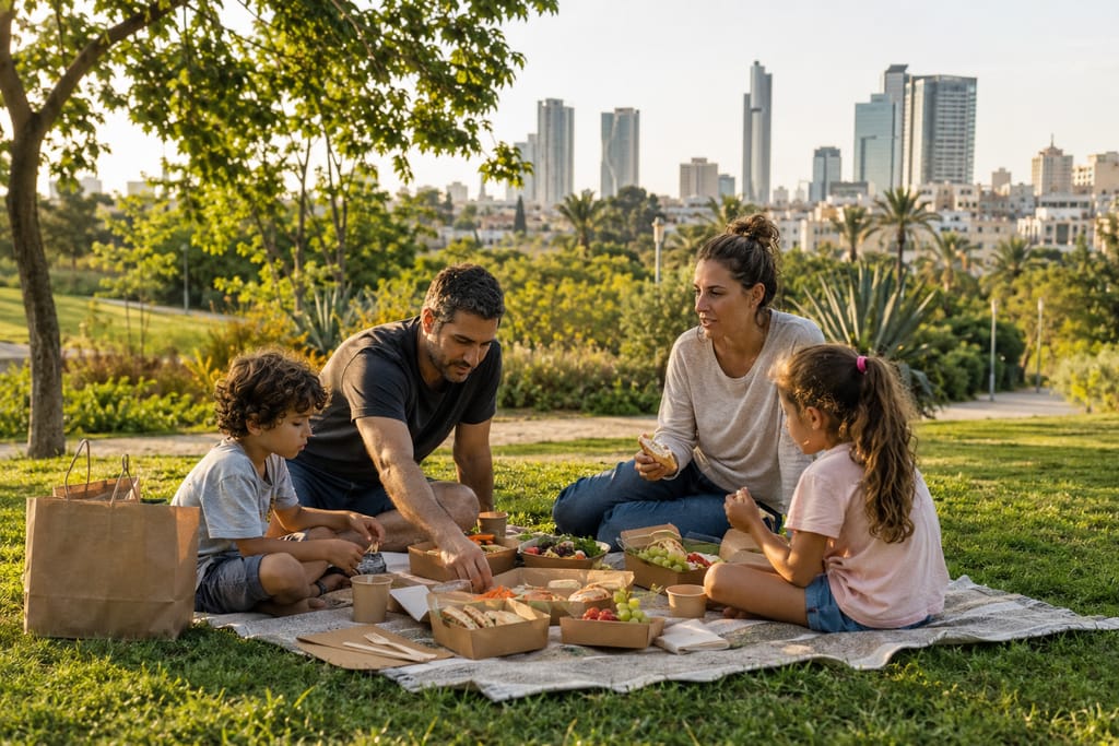 רול מרקט בע"מ ארוחה משפחתית מסודרת בפארק במהלך יום טיול